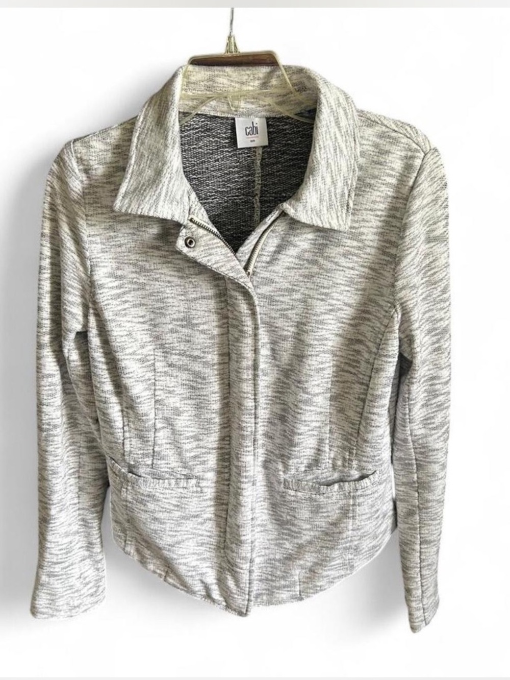 CAbi Heathered Light Gray Knit Moto Jacket